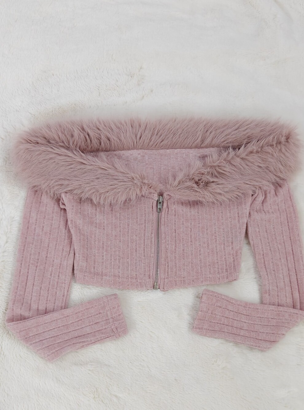 Pink Faux Fur Trim Ribbed Zip-Front Women's Sweater